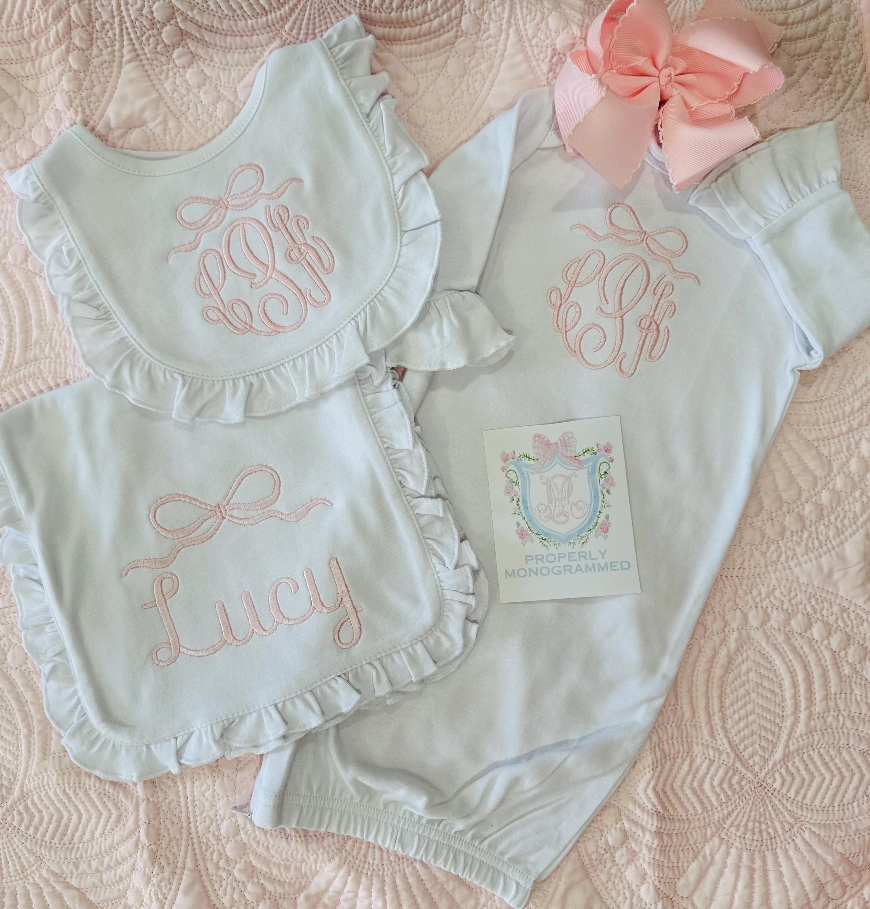 Personalized Girl Gown, Bib, Burp Cloth / Girls Baby Gown, Bib, Burp Cloth / Bow Monogram Bib /Ruffle Burp Cloth / Baby Girl Baby Bundle