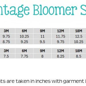 Puede incluir: Tabla "Vintage Bloomer Set" con medidas en pulgadas para tops y bloomers. La tabla incluye tallas desde Reci&eacute;n Nacido hasta 3T, detallando largo y ancho para tops, y ancho para bloomers.