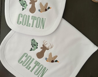 Personalized Deer Hunting Baby Bib, Wildlife Burp Cloth (Organic Cotton)