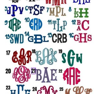 May include: A collection of monogram designs in various colors and styles. The image displays multiple sets of initials, including options like "BAE" and "RAE", in different fonts and decorative elements. Ideal for personalized gifts.