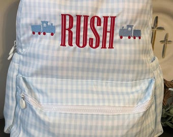 Embroidered Blue Gingham Backpack Set: Boys wipeable Diaper Bag, Luggage, Gingham Nylon School Set