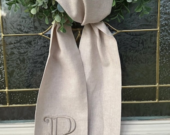 Monogrammed Linen Wreath Sash: Embroidered Door Hanger