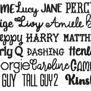 May include: A collection of names and words in various fonts, including "TIME", "Lucy", "Happy", "Curly Q", "Georgie", "TALL GUY", "Paige", "Livy", "DASHING", "Caroline", "Kinsley", and more. The text is in black.