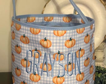 Personalized Boy Halloween Bag: Pumpkin Trick or Treat Tote, Monogram Halloween Bucket