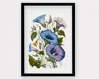 Watercolor Blue and Pink Morning Glory Floral Print, Morning Glory Printable Art, Watercolor Wall Art, Watercolor Flower, Farmhouse Decor