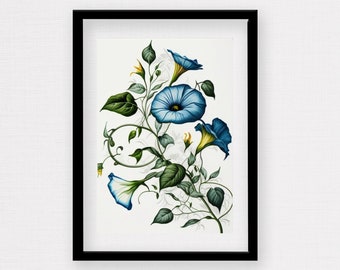 Watercolor Blue and Yellow Morning Glory Floral Print, Morning Glory Printable Art, Watercolor Wall Art, Watercolor Flower, Farmhouse Decor