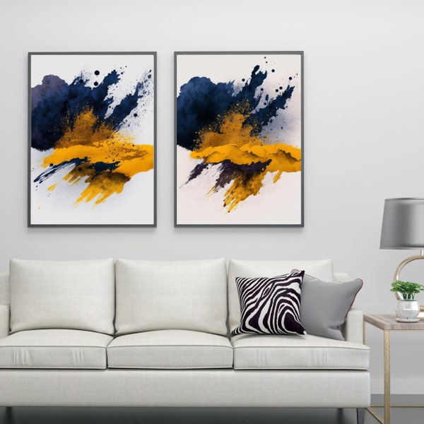 Printable Wall Art, Indigo Blue, Mustard Yellow, Abstract Printable Set of 2, Digital Download, Modern Wall Art, Living Room Bedroom Decor