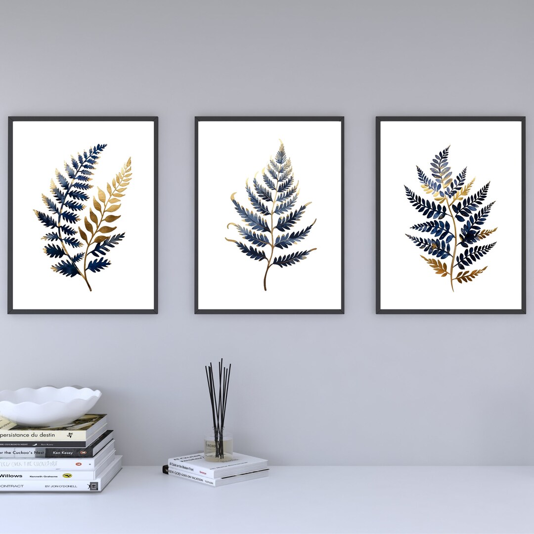 Fern Watercolor Set of 3 Wall Botanical Art, Navy and Gold Wall Art ...