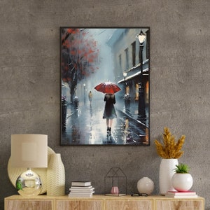 Chica con impermeable negro bajo la lluvia con paraguas rojo, impresión digital, arte de pared, arte imprimible, decoración del hogar, descarga instantánea, arte moderno