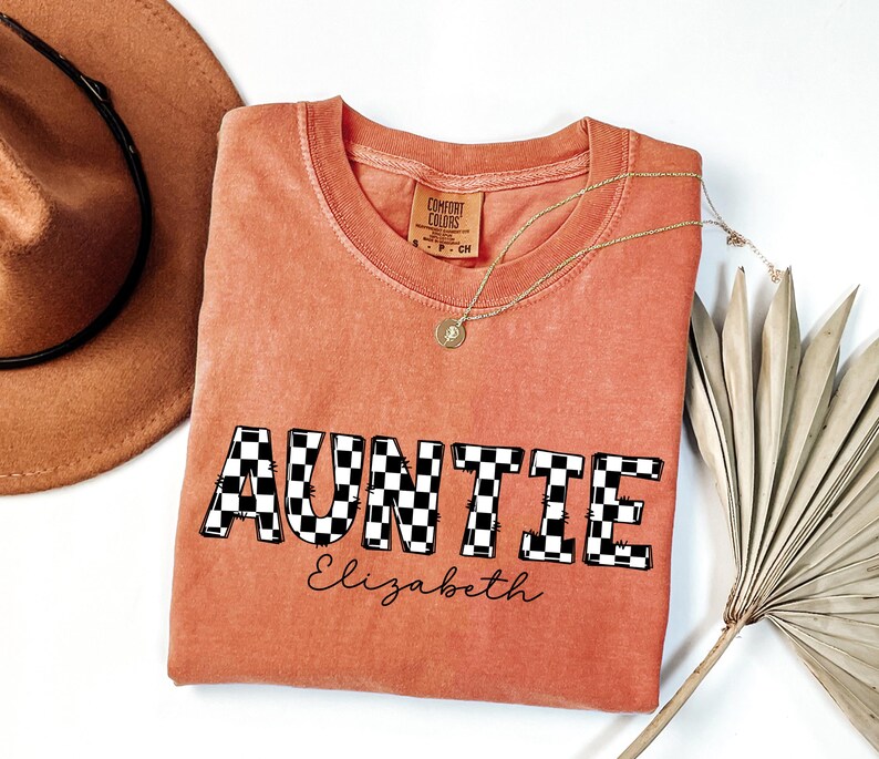 Comfort Colors Personalized Retro Auntie Shirt, Checkered Auntie Shirt, Favorite Auntie, New