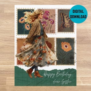 May include: A digital download greeting card featuring a woman walking across postage stamps with floral and butterfly designs. The card includes the text "Happy Birthday, dear Sister" and a teal circle with "DIGITAL DOWNLOAD".