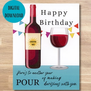 printable funny wine lover birthday card, wine bottle birthday card, digital download cocktail birthday card