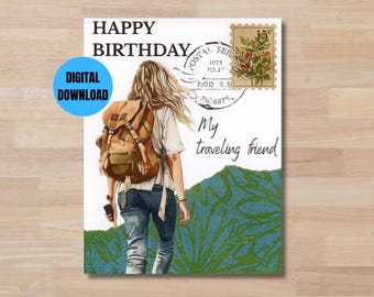 Tarjeta de cumpleaños para un amigo viajero, tarjeta de cumpleaños imprimible inspirada en viajes, tarjeta de cumpleaños digital para un excursionista, tarjeta de cumpleaños de aventura