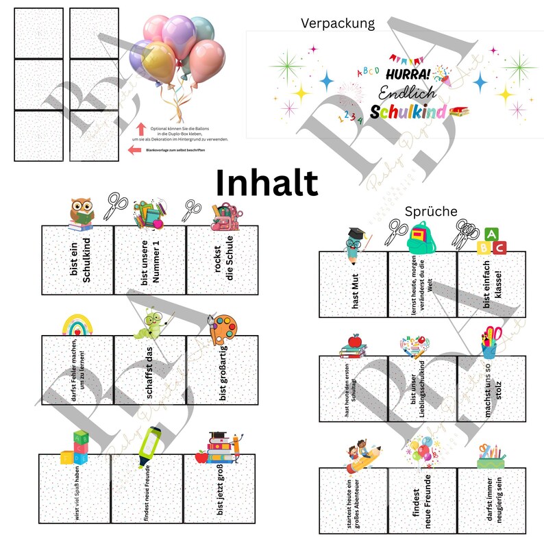 K&ouml;nnte beinhalten: Eine Sammlung von Dekorationen und Karten zum Thema Schule. Das Bild enth&auml;lt Ballons, Text mit der Aufschrift "Hurra! Endlich Schulkind" und verschiedene Illustrationen von Schulmaterialien und ermutigenden S&auml;tzen. Die Farbpalette umfasst Pastellt&ouml;ne und leuchtende Farben.