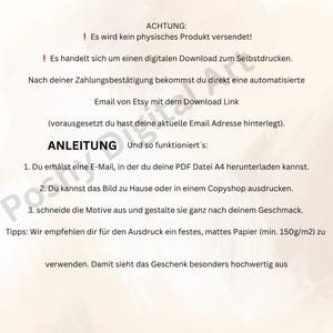 Może przedstawiać: Arkusz informacyjny dotyczący pobierania cyfrowego z tekstem w języku niemieckim. Tekst wyjaśnia, że żaden fizyczny produkt nie jest wysyłany i zawiera instrukcje dotyczące pobierania i drukowania pliku. Podano r&oacute;wnież wskaz&oacute;wki dotyczące drukowania.