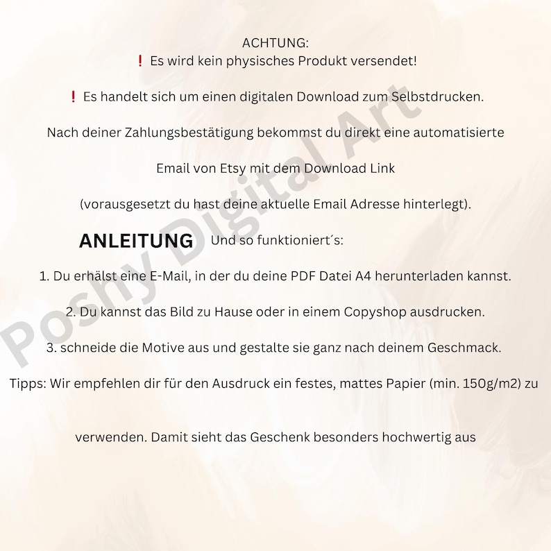 Może przedstawiać: Arkusz informacyjny dotyczący pobierania cyfrowego z tekstem w języku niemieckim. Tekst wyjaśnia, że żaden fizyczny produkt nie jest wysyłany i zawiera instrukcje dotyczące pobierania i drukowania pliku. Podano r&oacute;wnież wskaz&oacute;wki dotyczące drukowania.