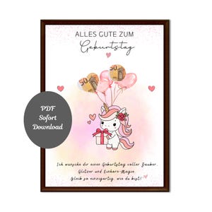 May include: A framed print featuring a cartoon unicorn holding a gift, with balloons made of money. The text reads "Alles Gute Zum Geburtstag" and "PDF Sofort Download". The print has a pink and white color scheme.