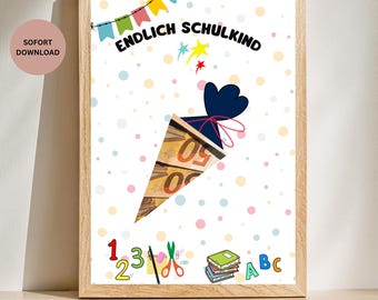 Geldgeschenk Druckvorlage Schulkind A4/Geldgeschenk  Einschulung/DIY/Endlich Schulkind/Last Minute Geschenk/Schulstart /Sofort Download PDF