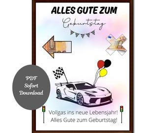 Geldgeschenk Druckvorlage PDF/Geldgeschenk zum Geburtstag Rennauto/Sportwagen-Wandkunst/Geld kreativ verschenken/Poster Auto/Sofort Download