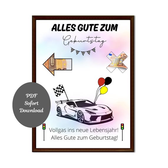 Geldgeschenk Druckvorlage PDF/Geldgeschenk zum Geburtstag Rennauto/Sportwagen-Wandkunst/Geld kreativ verschenken/Poster Auto/Sofort Download