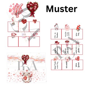 May include: A collection of Valentine's Day themed cards and illustrations. The image includes a heart-shaped bouquet of red roses, teddy bears, and the text "Happy Valentine's Day". The word "Muster" is also visible.