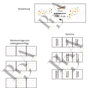 May include: A set of printed cards with German text and heart patterns. The cards are designed for a Jugendweihe celebration, with phrases and blank templates for personalization. Includes confetti and decorative elements.