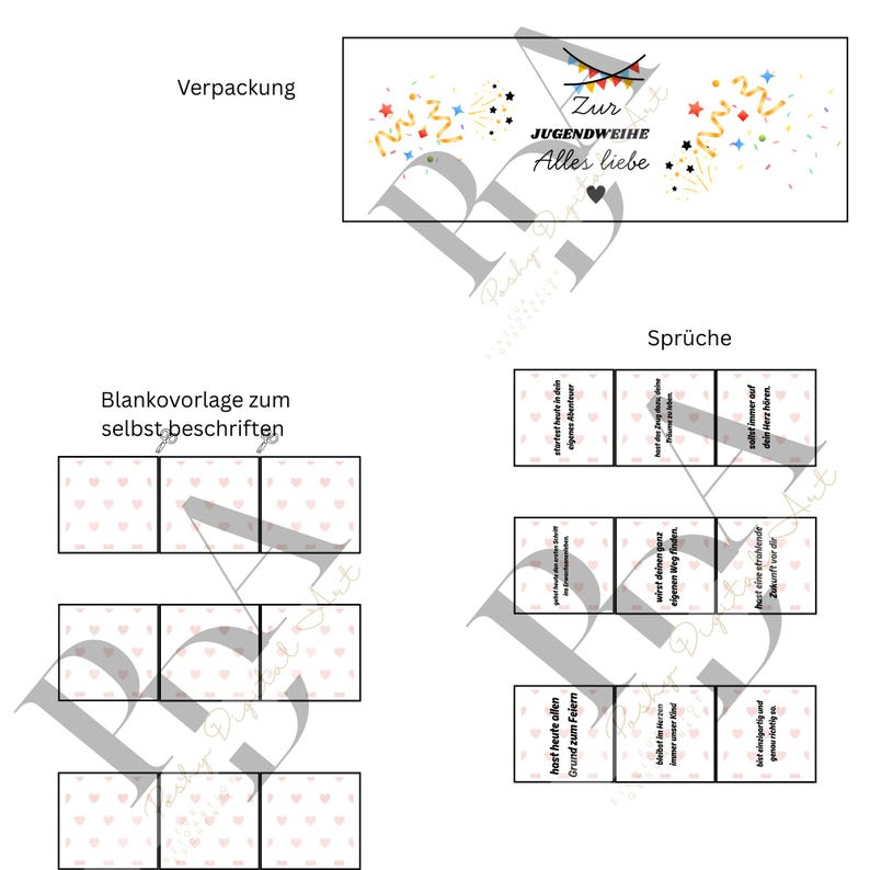 May include: A set of printed cards with German text and heart patterns. The cards are designed for a Jugendweihe celebration, with phrases and blank templates for personalization. Includes confetti and decorative elements.