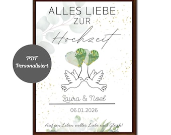 Geldgeschenk Poster EUKALYPTUS/Geldgeschenk HOCHZEIT/Paarposter personalisierbar mit Namen und Datum/Geld verpacken/Last Minute Geschenk