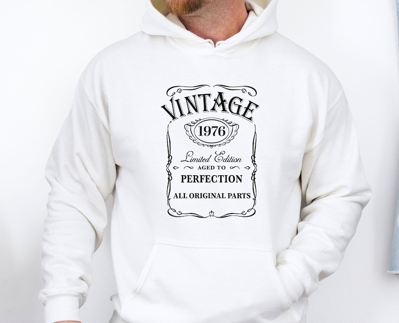 Vintage 1976 Birthday Hoodie, 40th Pullover, 50th Birthday Gift, Aged to Perfection, Mum Birthday Hoodie image 1