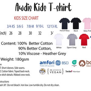 The image is a children's t-shirt size chart, featuring various color options and corresponding chest sizes.