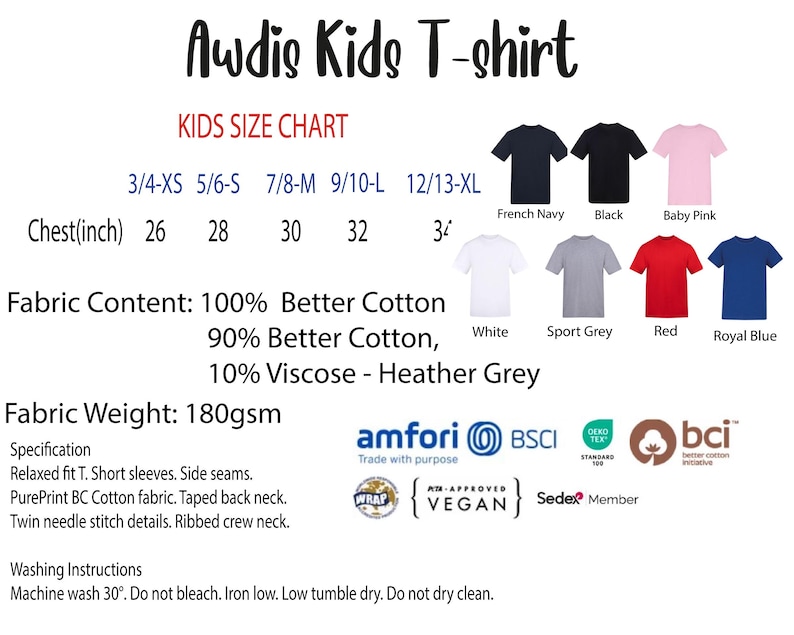 The image is a children's t-shirt size chart, featuring various color options and corresponding chest sizes.