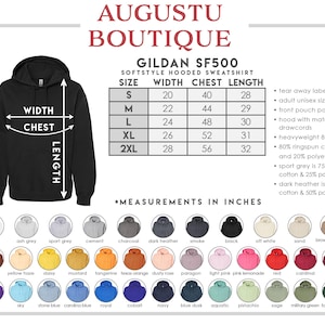 May include: Black hooded sweatshirt with size chart and color options. The chart shows measurements in inches for width, chest, and length. The available colors include white, black, and various shades of grey, blue, and pink.