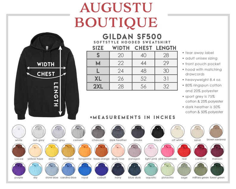 May include: Black hooded sweatshirt with size chart and color options. The chart shows measurements in inches for width, chest, and length. The available colors include white, black, and various shades of grey, blue, and pink.
