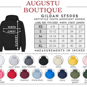 May include: A black Gildan SF500B Softstyle youth midweight hoodie with a size chart and color options. The chart shows measurements in inches for width, chest, and length. Available colors include white, sport grey, and black.