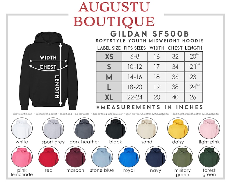 May include: A black Gildan SF500B Softstyle youth midweight hoodie with a size chart and color options. The chart shows measurements in inches for width, chest, and length. Available colors include white, sport grey, and black.