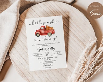 Op de afbeelding: Een rode vrachtwagen met een witte cabine en een laadbak vol pompoenen. De vrachtwagen staat op een witte achtergrond met de tekst "a little pumpkin is on the way!" erboven. De tekst "please join us for a baby shower honoring the parents to be Jack & Sally" staat onder de vrachtwagen. De tekst "SATURDAY OCT 29 1-4 P.M." staat daaronder. De tekst "THE IRISH COFFEE PUB ISLIP, NY rsvp to Jennifer by 10.20 000.000.0000 Registered at Amazon" staat daaronder.