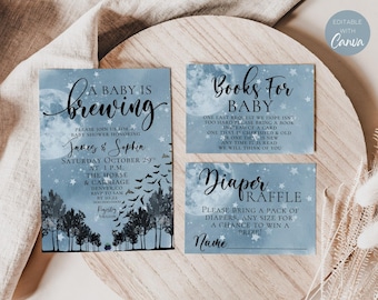 May include: Three printable cards for a baby shower. The first card is a blue and white invitation with a moon and stars design. The text reads "A baby is brewing. Please join us for a baby shower honoring James & Sophia. Saturday October 29th at 1 p.m. The Horse & Carriage Denver, CO. RSVP to Sam by 10.22. Registry Amazon." The second card is a blue and white card with stars and a moon design. The text reads "Books for Baby. One last request we hope isn't too hard. Please bring a book instead of a card. One that is cherished & old or one that is new. Any time it is read we will think of you." The third card is a blue and white card with stars and a moon design. The text reads "Diaper Raffle. Please bring a pack of diapers, any size for a chance to win a prize! Name."