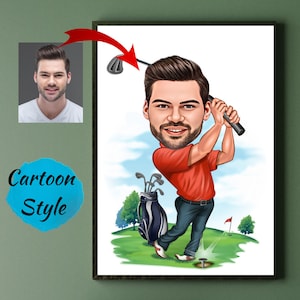 Golfer cadeau, golfer karikatuur van foto, grappige golfer tekening kunst, grappige golfer digitaal portret, golfer cartoon tekening, mannen golf cadeau