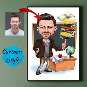 Regalo de maestro para hombres, caricatura de maestro masculino de foto, arte divertido de maestro, retrato de regalo de maestro divertido, dibujo de dibujos animados de maestro único