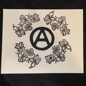 PRINT! Anarchy print! Dogwood and anarchy A! Flower print ! Linocut print!