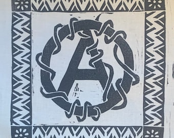 Hand Printed Anarchy Symbol Patch: linocut