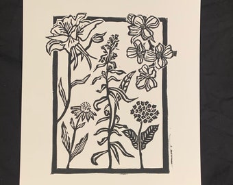 PRINT! Flower print! Local pollinators! Nature linocut print! Beautiful flower picture