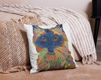Colourful Cat Art Pillow - Whimsical Feline Throw Pillow for Cat Lovers - Bold Home Decor Accent Cushion