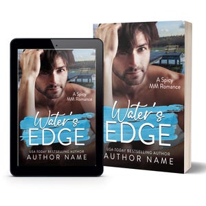 May include: A book and a tablet show the cover of "Water's Edge." The cover features a man with dark hair and a blue watercolor-style design. The text reads "A Spicy MM Romance," "Water's Edge," and "USA Today Bestselling Author, Author Name."