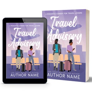 Könnte beinhalten: Ein Buch und ein Tablet zeigen das Cover von "Travel Advisory", einer romantischen Komödie für Reiseliebhaber. Das Cover zeigt Illustrationen von zwei Personen am Flughafen, mit Gepäck und dem Titel in einer stilisierten Schriftart. Der Name des Autors wird ebenfalls angezeigt.