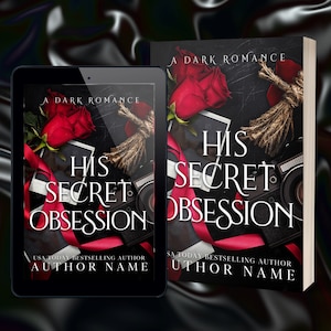 Copertina per libro preconfezionata Dark Romance con rosa rossa, nastro rosso, fotografie e bambola voodoo