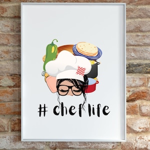 Chef Life Illustration; Closed-Eyes Girl with Messy Bun and Glasses Surrounded by Kitchen Equipment and Utensils,Perfect for Foodie Life svg