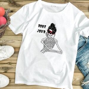 Bone Jour Svg, Funny Halloween Pun Svg, Funny Skeleton With Messy Bun ...