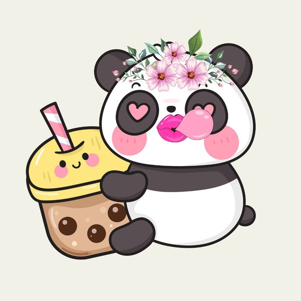 Adorable Panda SVG: Panda Wearing Headband, Holding Boba Tea, Blowing bubbles SVG, PNG, Jpeg, Pdf