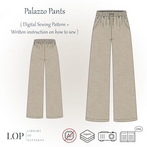 Palazzo Pants Sewing Pattern, Elastic Waistband Pants, Summer Linen Pants pattern, Loungewear, Streetwear, PDF Sewing Pattern + Instructions